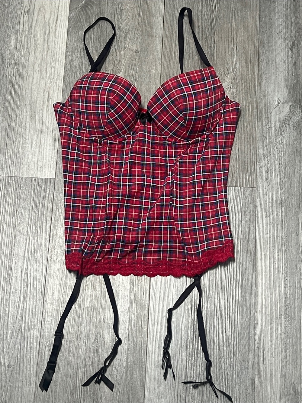 Adore Me red plaid bustier with attached garter straps. Size 34C